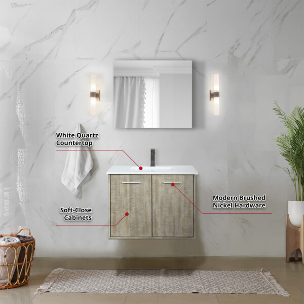 Fairbanks 30W x 20D Rustic Acacia Bath Vanity, White Quartz Top and Gun Metal Faucet Set