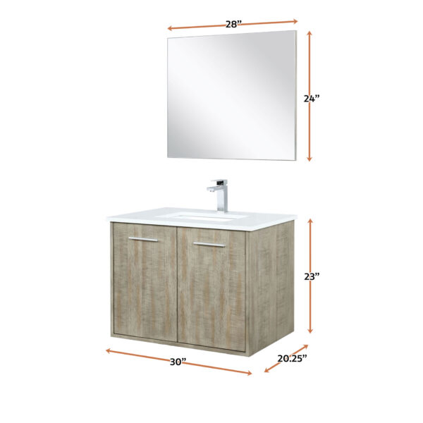 Fairbanks 30W x 20D Rustic Acacia Bath Vanity, White Quartz Top, Chrome Faucet Set and 28Mirror