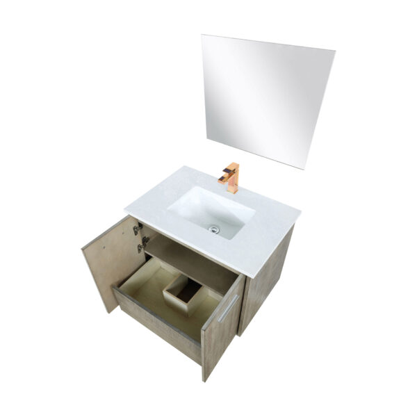 Fairbanks 30W x 20D Rustic Acacia Bath Vanity, Cultured Marble Top, Rose Gold Faucet Set and 28Mirror