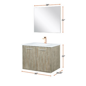 Fairbanks 30W x 20D Rustic Acacia Bath Vanity, White Quartz Top, Rose Gold Faucet Set and 28Mirror