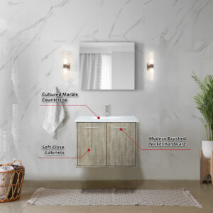 Fairbanks 30W x 20D Rustic Acacia Bath Vanity, Cultured Marble Top and Brushed Nickel Faucet Set