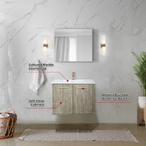 Fairbanks 30W x 20D Rustic Acacia Bath Vanity, Cultured Marble Top and Rose Gold Faucet Set