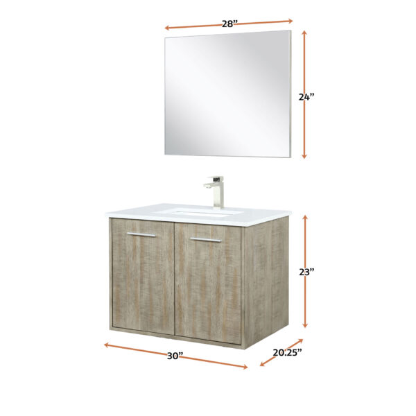 Fairbanks 30W x 20D Rustic Acacia Bath Vanity, Cultured Marble Top, Brushed Nickel Faucet Set and 28Mirror