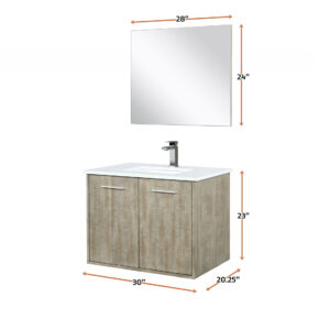 Fairbanks 30W x 20D Rustic Acacia Bath Vanity, Cultured Marble Top, Gun Metal Faucet Set and 28Mirror