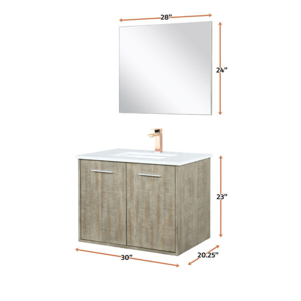 Fairbanks 30W x 20D Rustic Acacia Bath Vanity, Cultured Marble Top, Rose Gold Faucet Set and 28Mirror