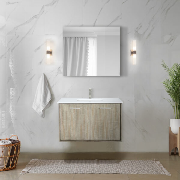 Fairbanks 36W x 20D Rustic Acacia Bath Vanity, Cultured Marble Top and Brushed Nickel Faucet Set