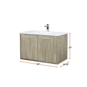 Fairbanks 36W x 20D Rustic Acacia Bath Vanity, White Quartz Top and Brushed Nickel Faucet Set