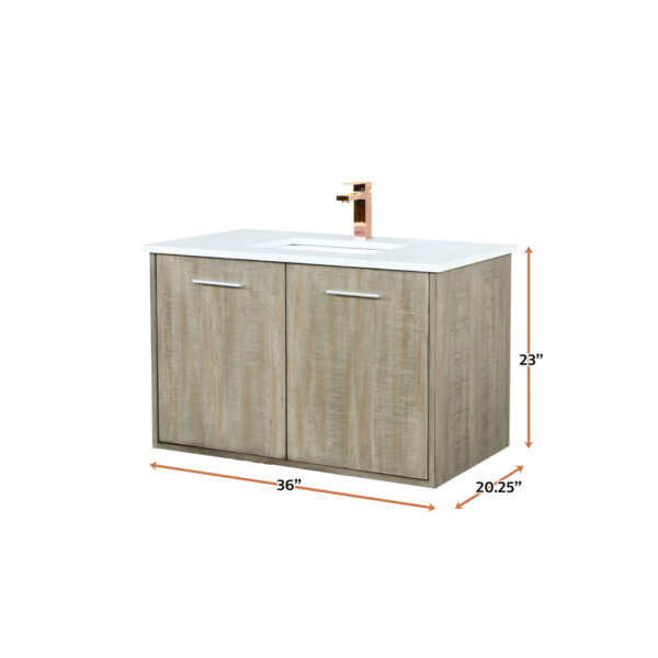 Fairbanks 36W x 20D Rustic Acacia Bath Vanity, White Quartz Top and Rose Gold Faucet Set