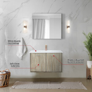 Fairbanks 36W x 20D Rustic Acacia Bath Vanity, White Quartz Top and Rose Gold Faucet Set