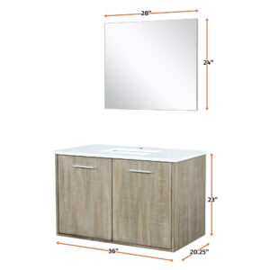 Fairbanks 36W x 20D Rustic Acacia Bath Vanity, White Quartz Top and 28Mirror