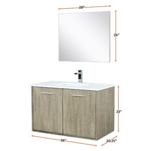 Fairbanks 36W x 20D Rustic Acacia Bath Vanity, White Quartz Top, Chrome Faucet Set and 28Mirror