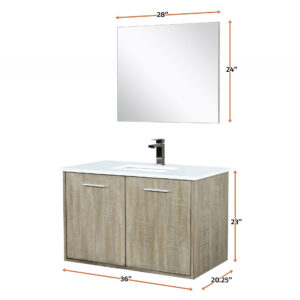 Fairbanks 36W x 20D Rustic Acacia Bath Vanity, White Quartz Top, Gun Metal Faucet Set and 28Mirror