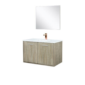 Fairbanks 36W x 20D Rustic Acacia Bath Vanity, Cultured Marble Top, Rose Gold Faucet Set and 28Mirror