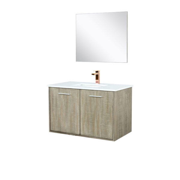 Fairbanks 36W x 20D Rustic Acacia Bath Vanity, Cultured Marble Top, Rose Gold Faucet Set and 28Mirror