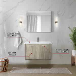 Fairbanks 36W x 20D Rustic Acacia Bath Vanity, Cultured Marble Top and Gun Metal Faucet Set