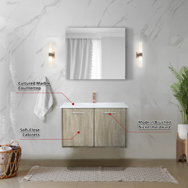 Fairbanks 36W x 20D Rustic Acacia Bath Vanity, Cultured Marble Top and Rose Gold Faucet Set