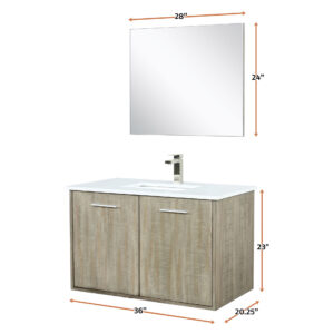 Fairbanks 36W x 20D Rustic Acacia Bath Vanity, Cultured Marble Top, Brushed Nickel Faucet Set and 28Mirror