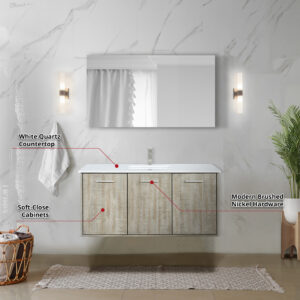 Fairbanks 48W x 20D Rustic Acacia Bath Vanity, White Quartz Top and Brushed Nickel Faucet Set