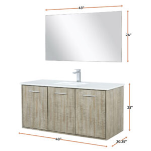 Fairbanks 48W x 20D Rustic Acacia Bath Vanity, White Quartz Top, Chrome Faucet Set and 43Mirror