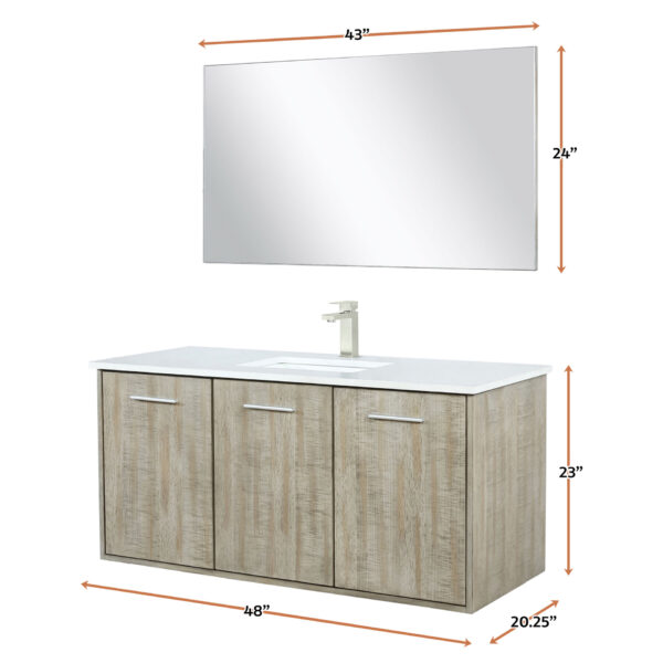 Fairbanks 48W x 20D Rustic Acacia Bath Vanity, Cultured Marble Top, Brushed Nickel Faucet Set and 43Mirror