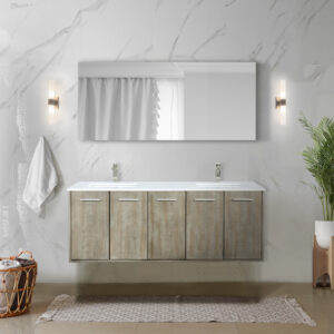 Fairbanks 60W x 20D Rustic Acacia Double Bath Vanity, Cultured Marble Top and Brushed Nickel Faucet Set