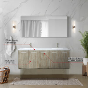 Fairbanks 60W x 20D Rustic Acacia Double Bath Vanity, White Quartz Top and Brushed Nickel Faucet Set