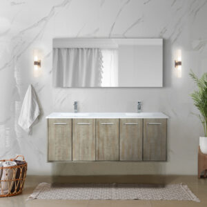 Fairbanks 60W x 20D Rustic Acacia Double Bath Vanity, Cultured Marble Top and Chrome Faucet Set