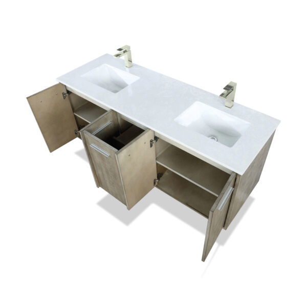 Fairbanks 60W x 20D Rustic Acacia Double Bath Vanity, Cultured Marble Top and Brushed Nickel Faucet Set