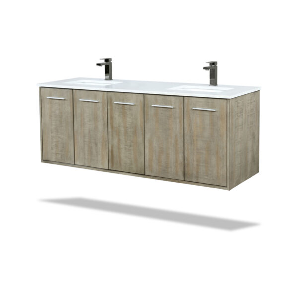 Fairbanks 60W x 20D Rustic Acacia Double Bath Vanity, Cultured Marble Top and Gun Metal Faucet Set