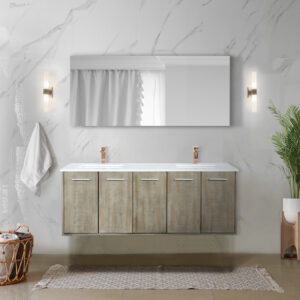 Fairbanks 60W x 20D Rustic Acacia Double Bath Vanity, Cultured Marble Top and Rose Gold Faucet Set