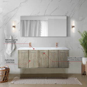 Fairbanks 60W x 20D Rustic Acacia Double Bath Vanity, White Quartz Top and Rose Gold Faucet Set