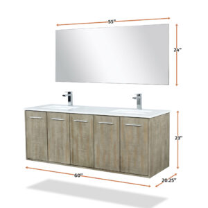 Fairbanks 60W x 20D Rustic Acacia Double Bath Vanity, White Quartz Top, Chrome Faucet Set and 55Mirror