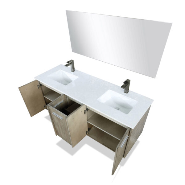 Fairbanks 60W x 20D Rustic Acacia Double Bath Vanity, Cultured Marble Top, Gun Metal Faucet Set and 55Mirror