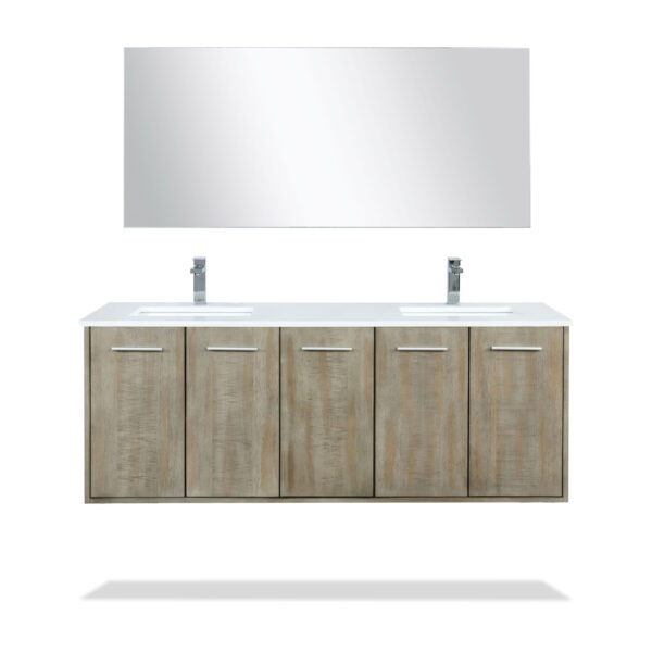 Fairbanks 60W x 20D Rustic Acacia Double Bath Vanity, Cultured Marble Top, Rose Gold Faucet Set and 55Mirror