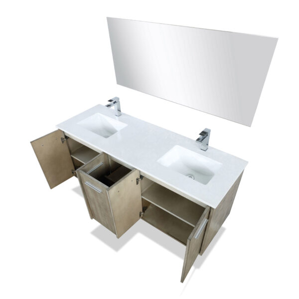 Fairbanks 60W x 20D Rustic Acacia Double Bath Vanity, Cultured Marble Top, Rose Gold Faucet Set and 55Mirror