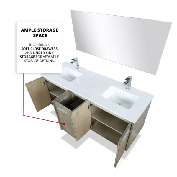 Fairbanks 60W x 20D Rustic Acacia Double Bath Vanity, Cultured Marble Top and Rose Gold Faucet Set