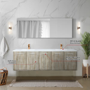 Fairbanks 72W x 20D Rustic Acacia Double Bath Vanity, White Quartz Top and Rose Gold Faucet Set