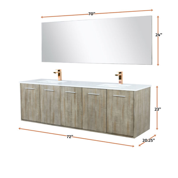 Fairbanks 72W x 20D Rustic Acacia Double Bath Vanity, White Quartz Top, Rose Gold Faucet Set and 70Mirror