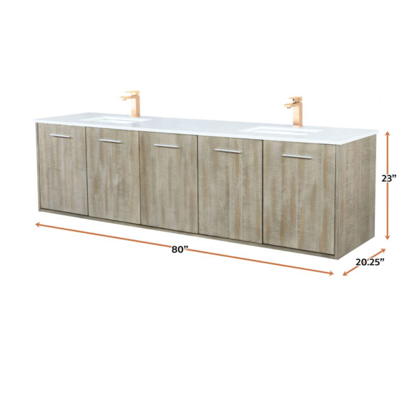 Fairbanks 80W x 20D Rustic Acacia Double Bath Vanity, White Quartz Top and Rose Gold Faucet Set