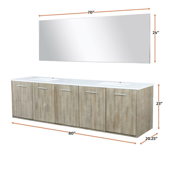 Fairbanks 80W x 20D Rustic Acacia Double Bath Vanity, White Quartz Top and 70Mirror