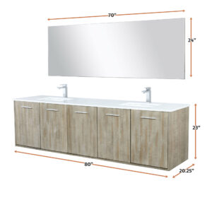 Fairbanks 80W x 20D Rustic Acacia Double Bath Vanity, White Quartz Top, Chrome Faucet Set and 70Mirror