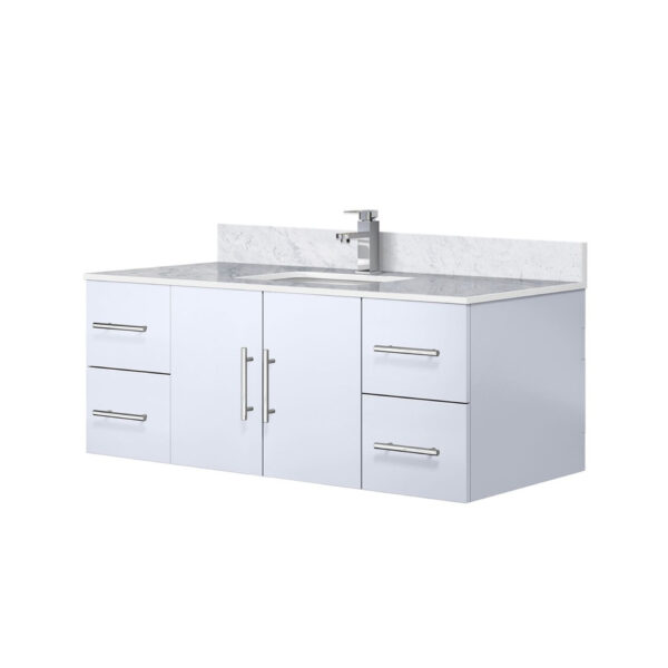 Geneva 48 in. W x 22 in. D Glossy White Bath Vanity, Carrara Marble Top, and Faucet Set