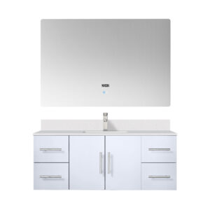 Geneva 48 in. W x 22 in. D Glossy White Bath Vanity, Cultured Marble Top, Faucet Set, and 48 in. LED Mirror