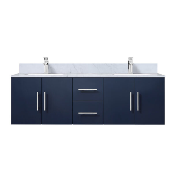 Geneva 60 in. W x 22 in. D Navy Blue Double Bath Vanity, Carrara Marble Top, and Faucet Set