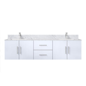 Geneva 72 in. W x 22 in. D Glossy White Double Bath Vanity, Carrara Marble Top, and Faucet Set