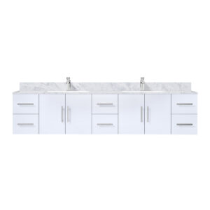 Geneva 84 in. W x 22 in. D Glossy White Double Bath Vanity, Carrara Marble Top, and Faucet Set