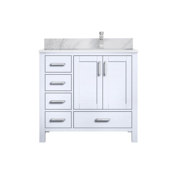 Jacques 36 in. W x 22 in. D Right Offset White Bath Vanity, Carrara Marble Top, and Faucet Set