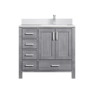 Jacques 36 in. W x 22 in. D Right Offset Distressed Grey Bath Vanity, White Quartz Top, and Faucet Set