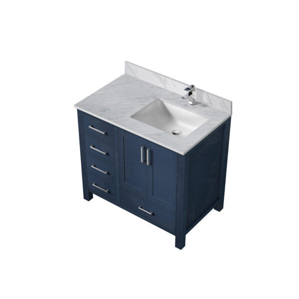 Jacques 36 in. W x 22 in. D Right Offset Navy Blue Bath Vanity, Carrara Marble Top, and Faucet Set