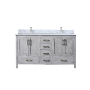 Jacques 60 in. W x 22 in. D Distressed Grey Double Bath Vanity, Carrara Marble Top, and Faucet Set